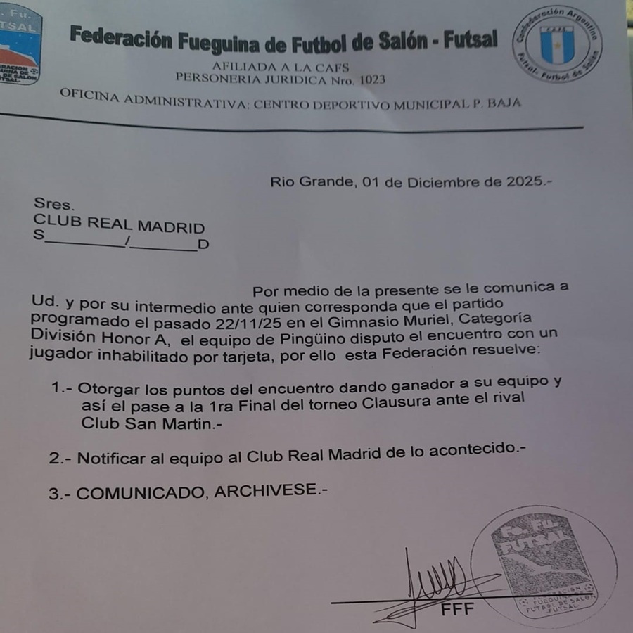 Notificación al club Real Madrid